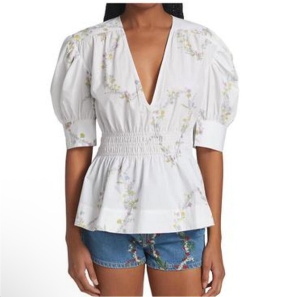New Ganni Printed Poplin Puff Sleeve V-Neck Blouse Floral Bright White 44 Us 14
